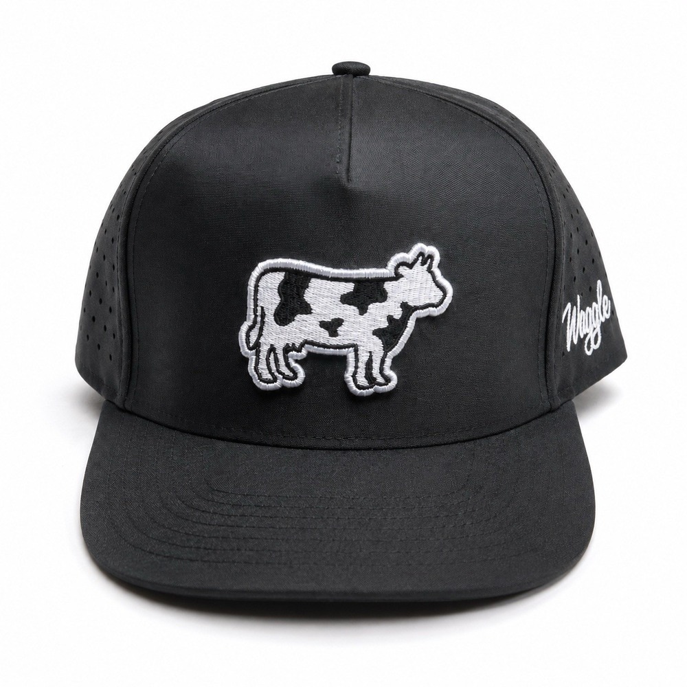 Waggle Golf Cow Logo Snapback Hat Black Performance Adjustable Cap NWT